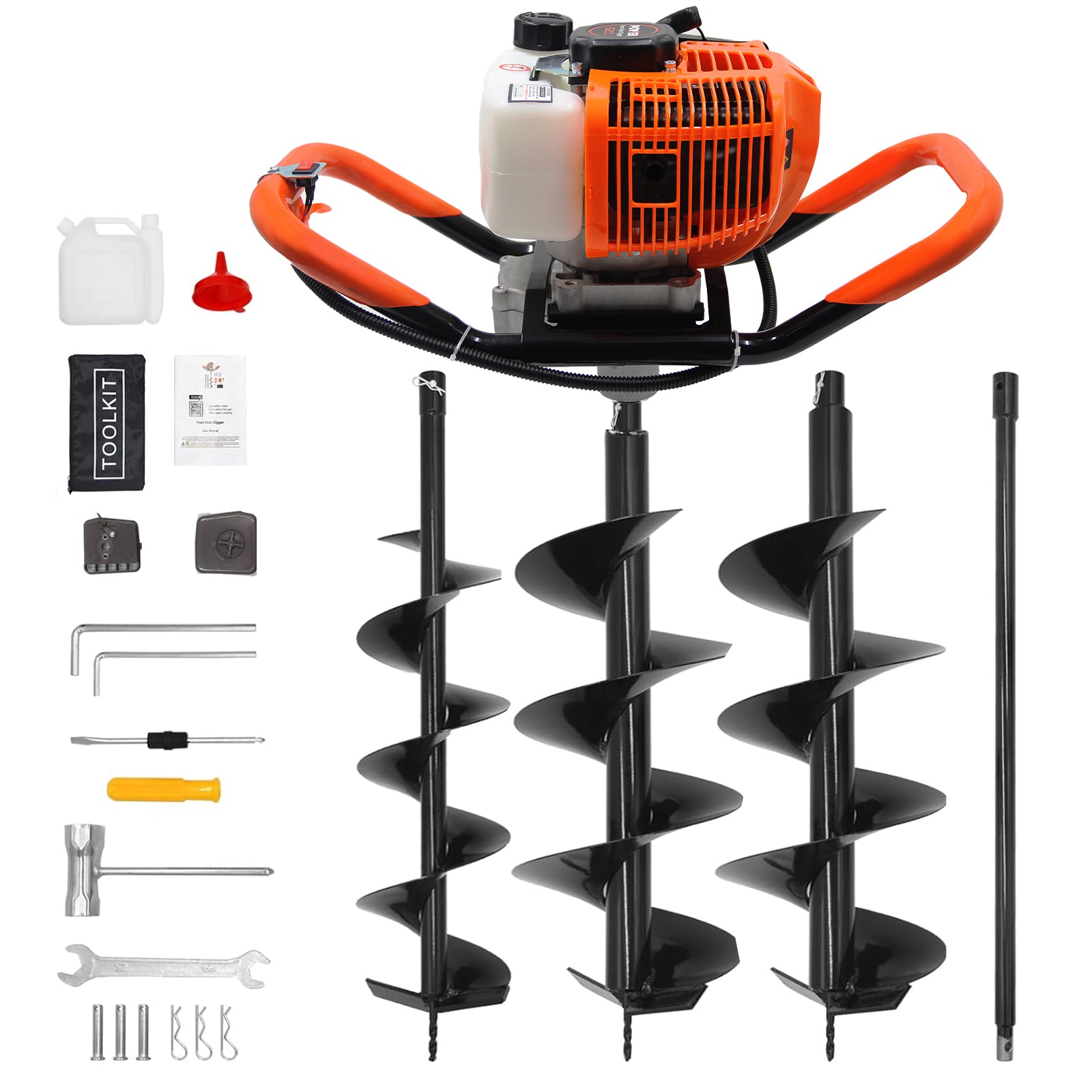 Prowoo 62CC Auger Post Hole Digger, 2 Stroke Gas Powered Earth Post Hole Digger with 2 Auger Drill Bits(6" & 8") + 1 Extension Rods for Farm Garden Plant