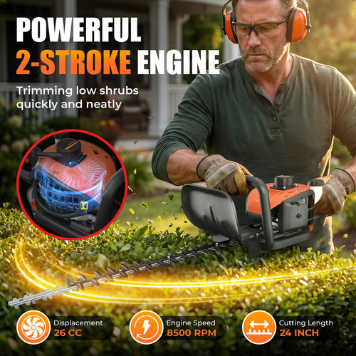 Prowoo 24-Inch 26cc 2 Cycle Gas Hedge Trimmer, Dual Sided Blade,Lightweight Ideal for Trimming Shrubs and Bushes