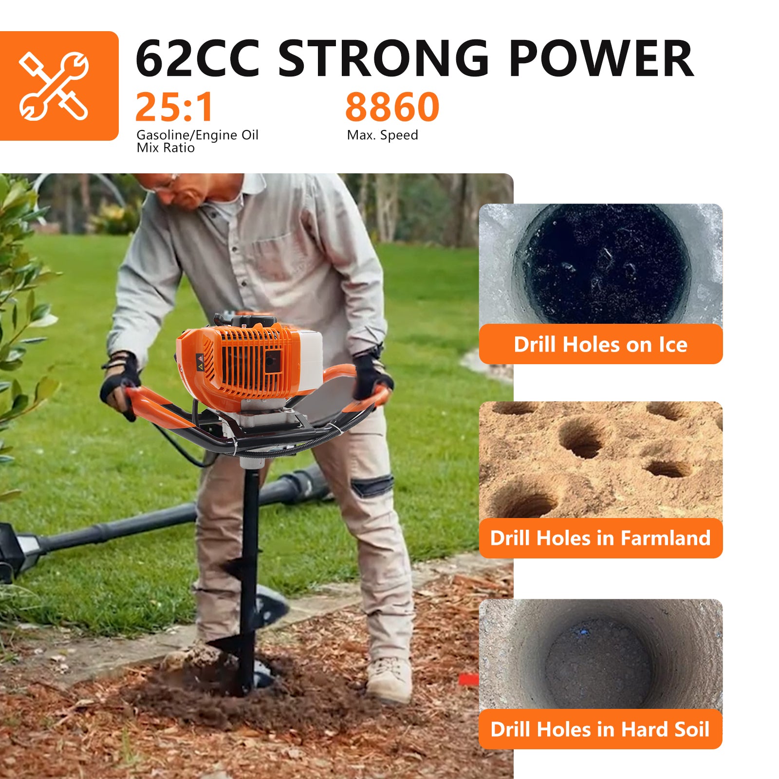 Prowoo 62CC Auger Post Hole Digger, 2 Stroke Gas Powered Earth Post Hole Digger with 2 Auger Drill Bits(6" & 8") + 1 Extension Rods for Farm Garden Plant