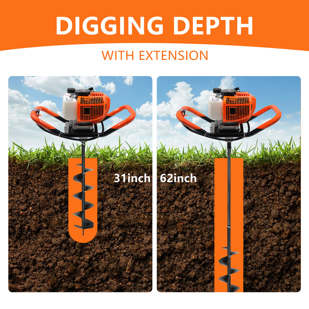 Prowoo 62CC Auger Post Hole Digger, 2 Stroke Gas Powered Earth Post Hole Digger with 2 Auger Drill Bits(6" & 8") + 1 Extension Rods for Farm Garden Plant
