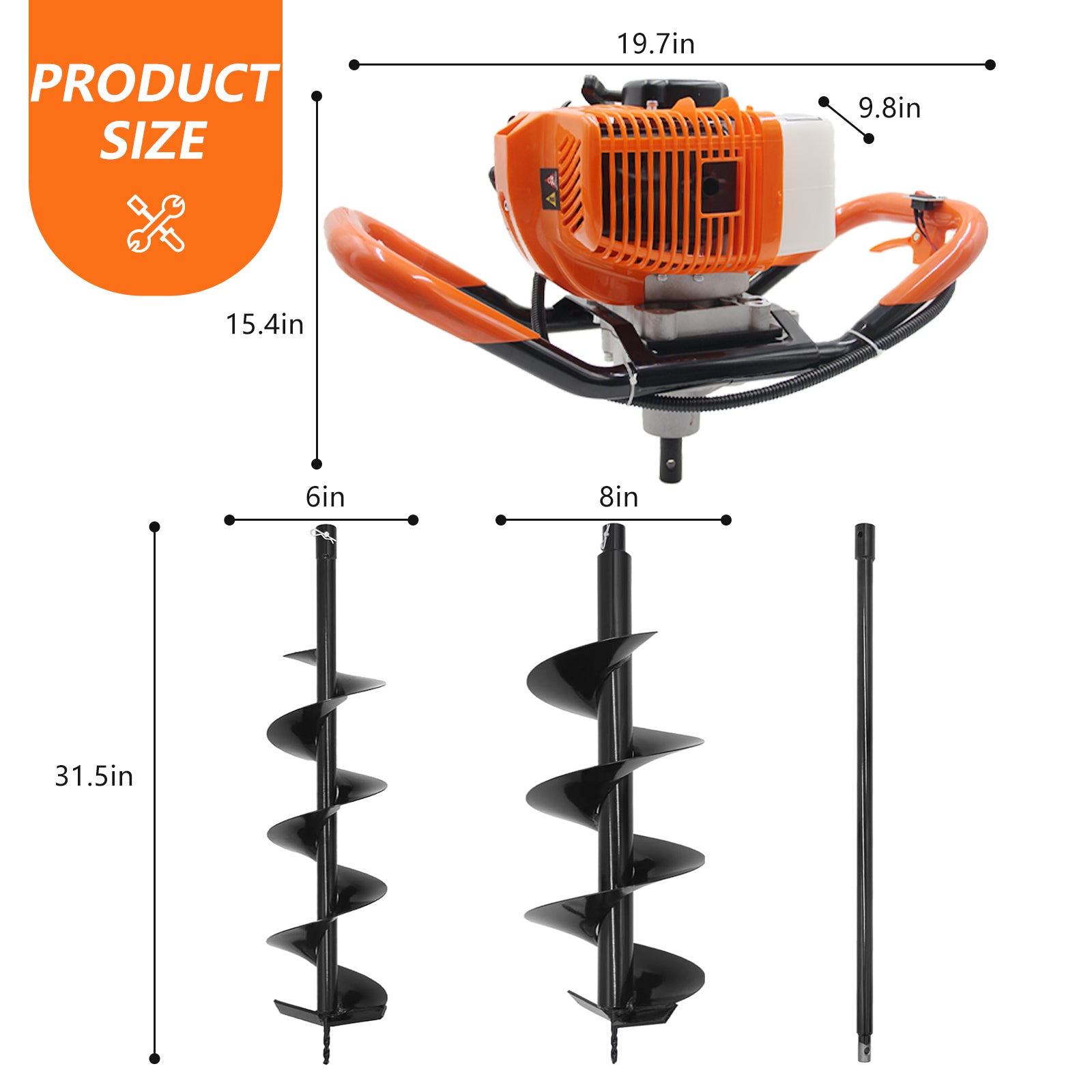 Prowoo 62CC Auger Post Hole Digger, 2 Stroke Gas Powered Earth Post Hole Digger with 2 Auger Drill Bits(6" & 8") + 1 Extension Rods for Farm Garden Plant