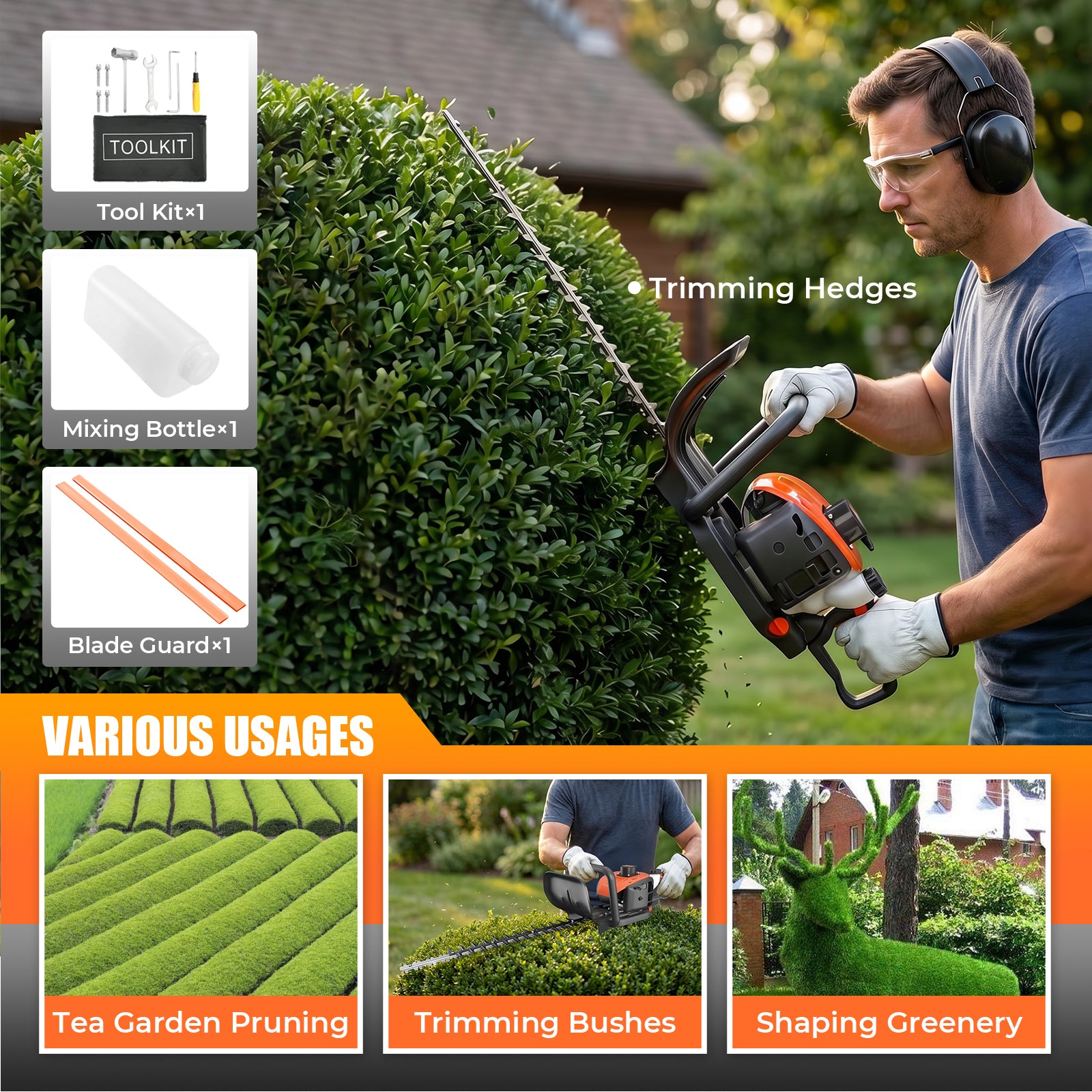 Prowoo 24-Inch 26cc 2 Cycle Gas Hedge Trimmer, Dual Sided Blade,Lightweight Ideal for Trimming Shrubs and Bushes