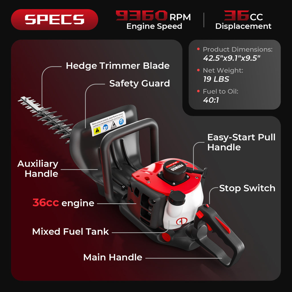 24-Inch 36cc 2 Cycle Gas Hedge Trimmer, Dual Sided Blade,Lightweight Ideal for Trimming Shrubs and Bushes