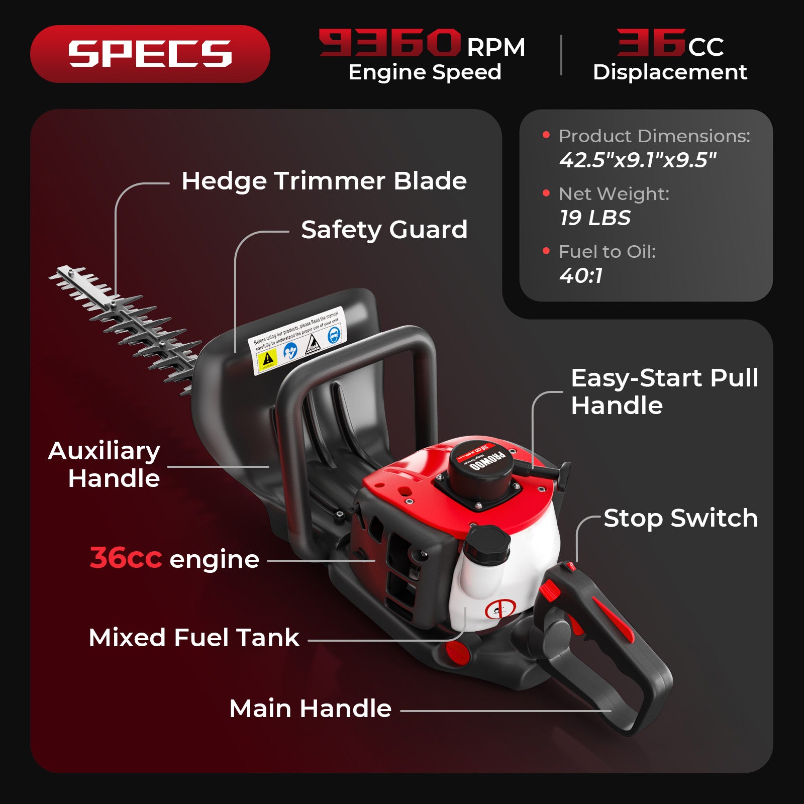 24-Inch 36cc 2 Cycle Gas Hedge Trimmer, Dual Sided Blade,Lightweight Ideal for Trimming Shrubs and Bushes