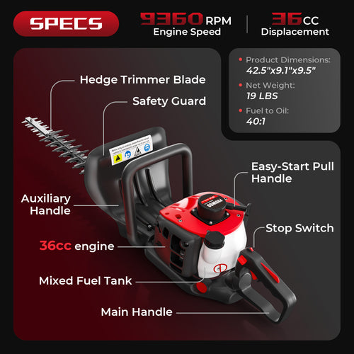 24-Inch 36cc 2 Cycle Gas Hedge Trimmer, Dual Sided Blade,Lightweight Ideal for Trimming Shrubs and Bushes